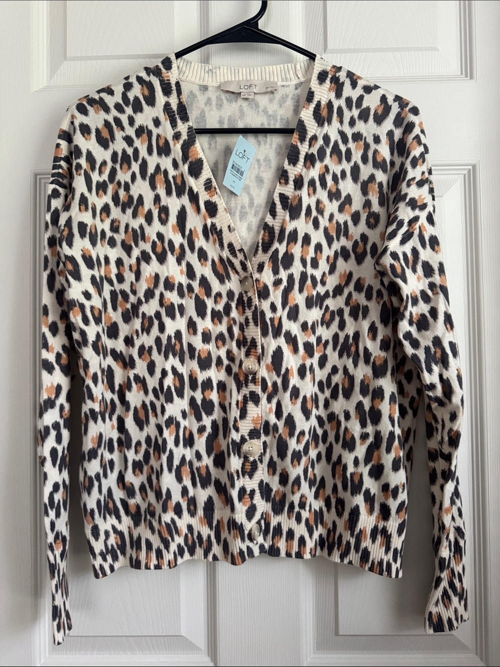 NWT LOFT Leopard Print V-Neck Button Cardigan - Cream/Tan/Black
